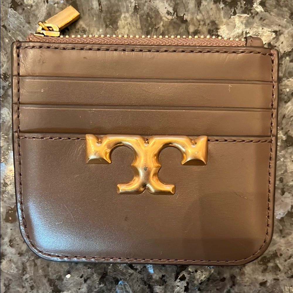 Tory Burch Brown Leather Card Holder with Gold Logo